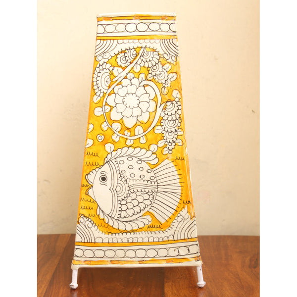 Indiehaat | Fish Kalamkari Handpainted Standing Square Leather Lamp | 13 Inch