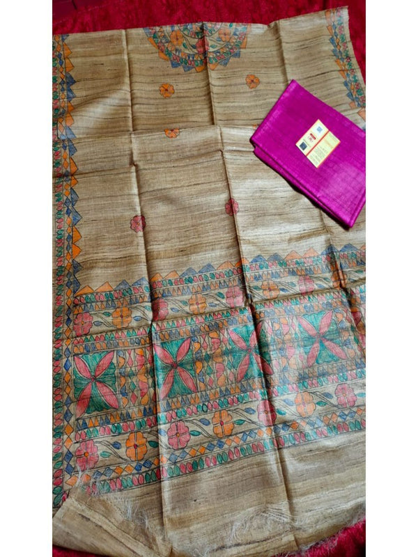 Silkmark Certified Tussar Grullo Brown Silk Madhubani Dupatta and Plain Tussar Violet Silk Top (Tussar by Tussar)-Indiehaat