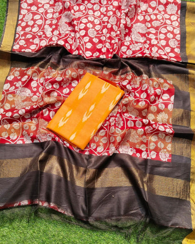 Kota Staple Silk Saree Crimson Red Color Madhubani Print with Contrast Blouse - IndieHaat