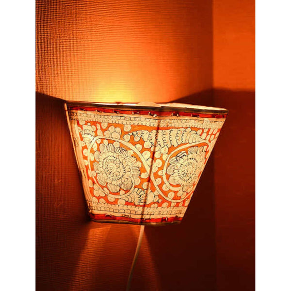 Indiehaat | Peacock Kalamkari Handpainted Wall Mount Leather Lamp | 5.5 Inch