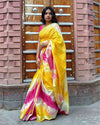 Cotton Linen Saree Yellow & Pink Color Shibori Hand Dyed with running blouse - IndieHaat