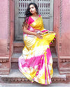 Cotton Linen Saree Yellow & Pink Color Shibori Hand Dyed with running blouse - IndieHaat