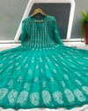 Georgette Anarkali Gown (56 kali) Turquoise Green Color Chikankari work with inner - IndieHaat