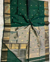Maheshwari Handloom Handwoven Saree Dark Green Color Double Design Zari Border, flower work Buti pallu and running blouse - IndieHaat